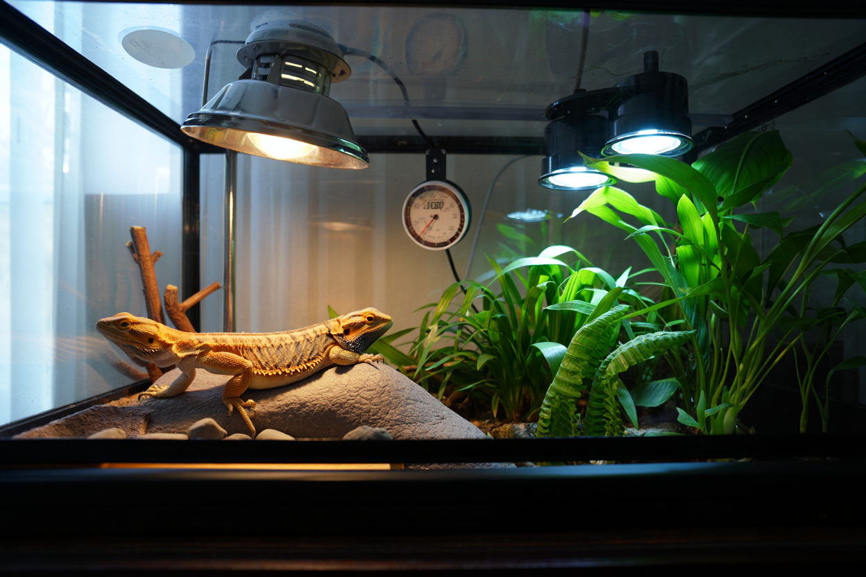 Terrarium pour reptile avec éclairage chauffant et plantes