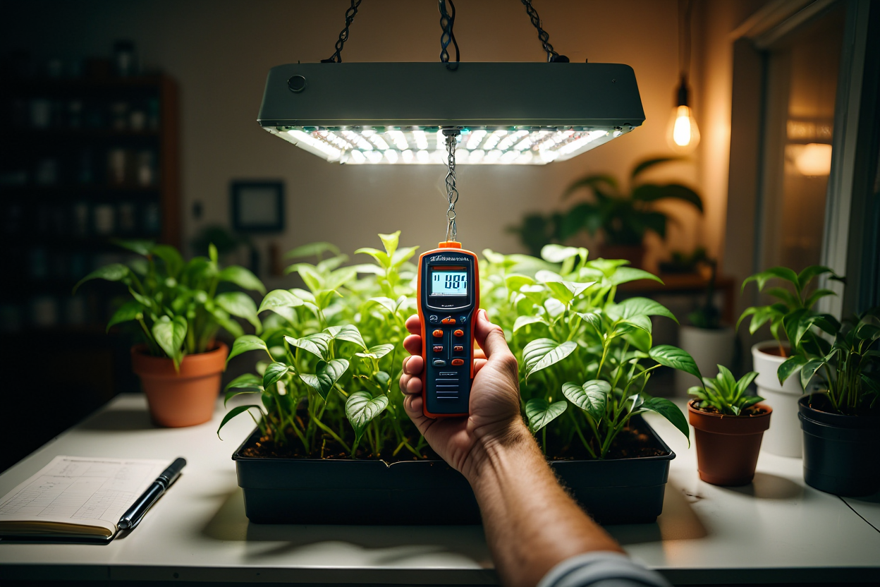 Mesure du PPFD avec un PAR-mètre sous lampe LED horticole