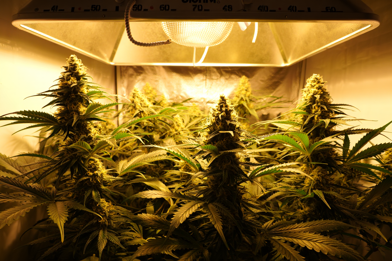 Lampe HPS 600W positionnée pour la phase de floraison avec distance optimale