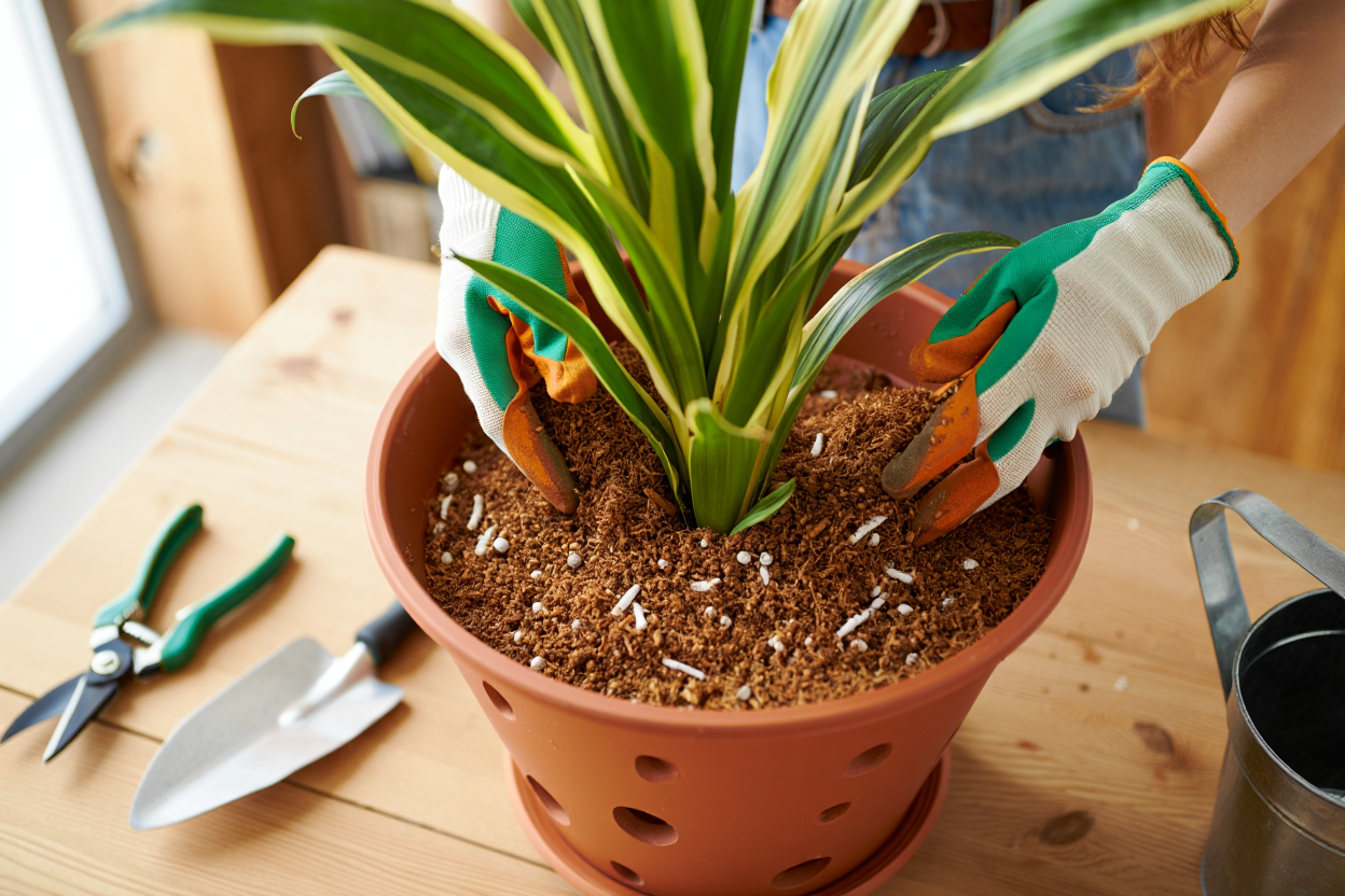 Rempotage d'une plante aux feuilles jaunies