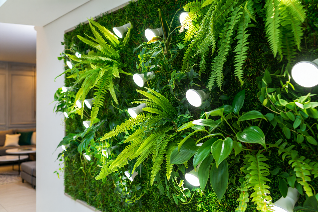 Mur végétal éclairé par lampe LED horticole