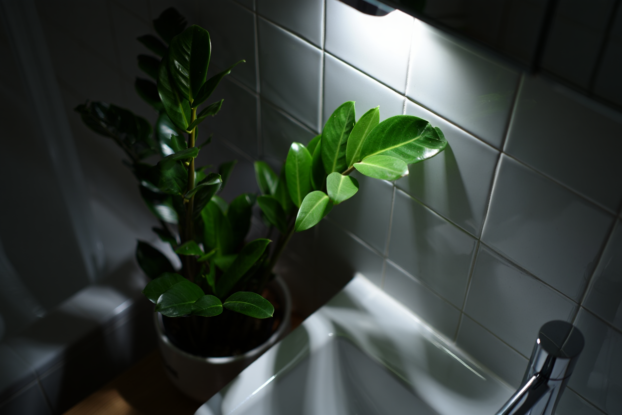 Plante ZZ dans salle de bain sombre