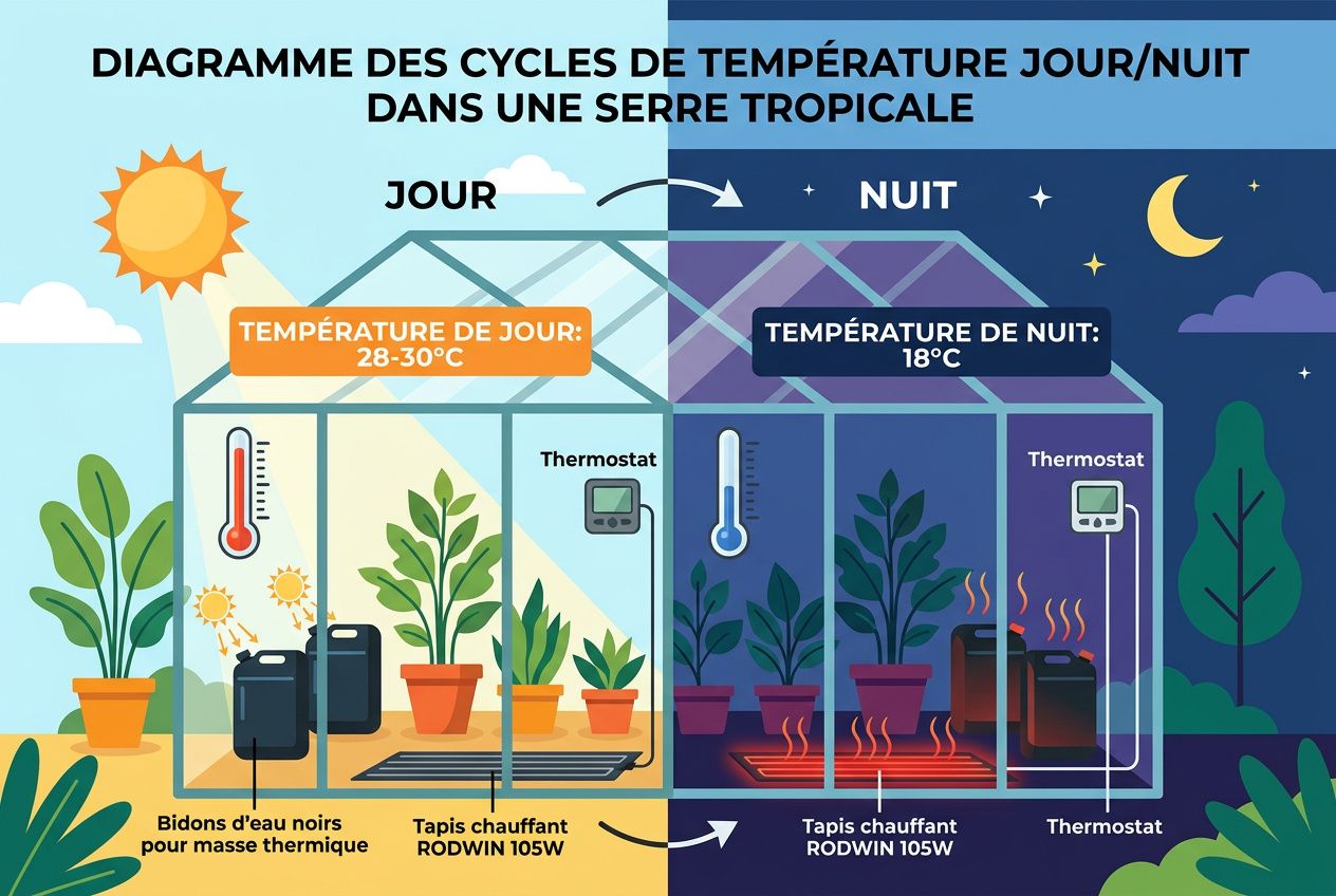 Schéma montrant un cycle jour/nuit dans une serre tropicale, avec température daytime 28-30°C et nuit 18°C, chauffage et thermostats, pots de plantes et tapis chauffants ROdin 105W. Serre tropicale maison