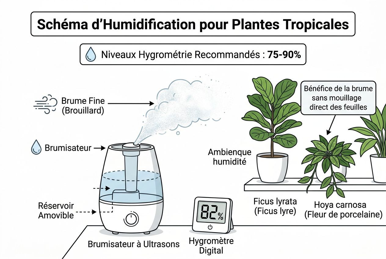 Schéma d’humidification pour plantes tropicales: humidificateur, brumisateur, réservoir amovible et humidité affichée à 82% pour favoriser une serre tropicale maison.
